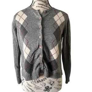 Talbots Petite Argyle Grey Silk & Cashmere Blend Cardigan